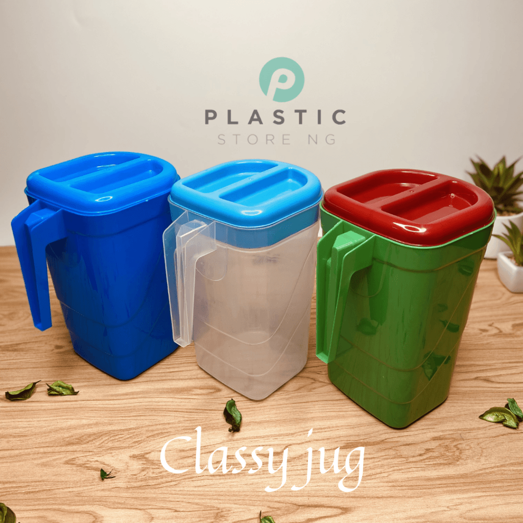 Classy plastic jug with molded handle and wide mouth