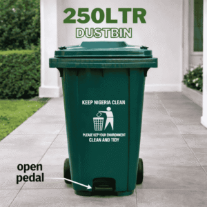 250 litres plastic dustbin with lid and wheels for outdoor waste collection in Nigeria