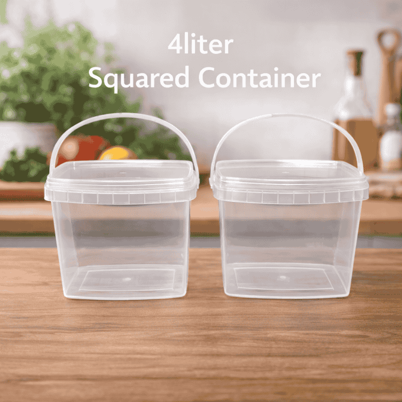 4 litre squared plastic storage container with lid on a wooden surface