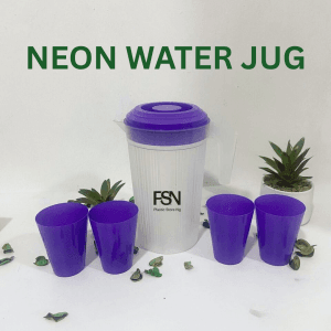 Neon water jug with matching purple cups for home use