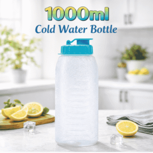 1000ml frosted cold water bottle with blue flip top lid"