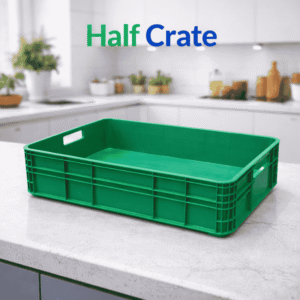 Green Half Crate plastic storage container placed on kitchen countertop